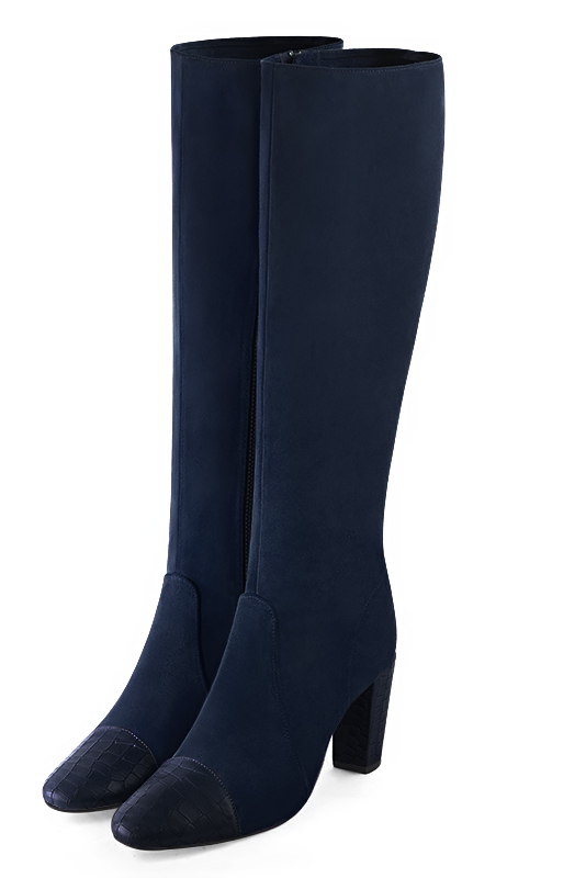 Navy blue women's feminine knee-high boots. Round toe. High block heels. Made to measure. Front view - Florence KOOIJMAN